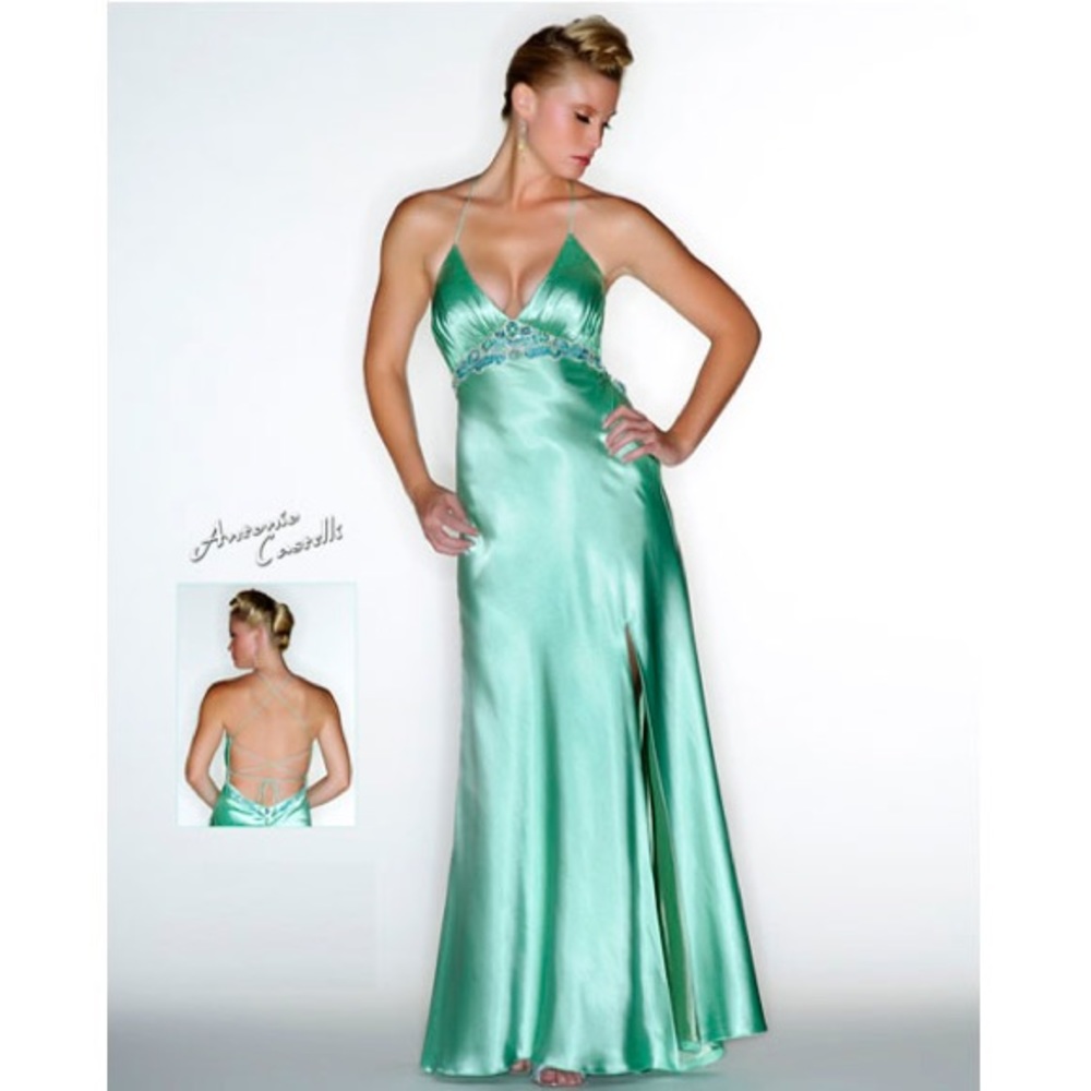 Aqua rhinestone and sequence haltered dress